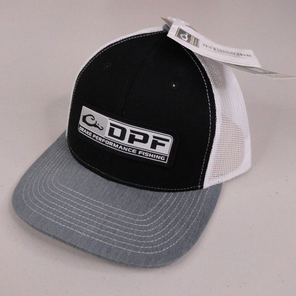 Drake Performance Fishing Hat Cap Snapback DPF Mesh Trucker Black White Mens NWT
